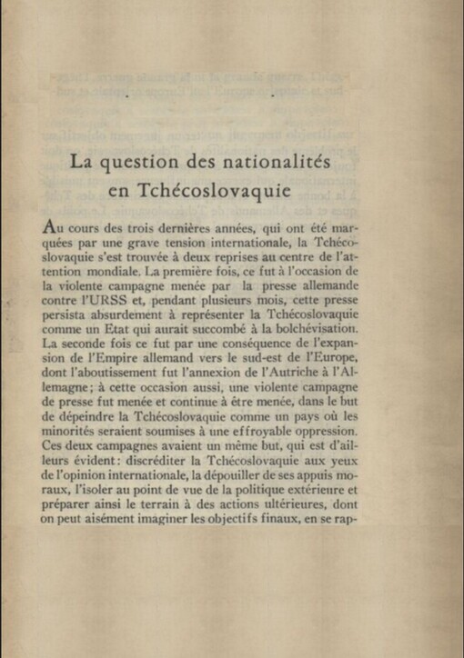 La question des nationalités en Tchécoslovaquie