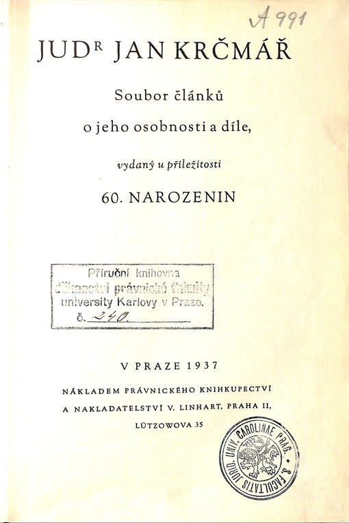 JUDr. Jan Krčmář :soubor článků o jeho osobnosti a díle, vydaný u příležitosti 60. narozenin