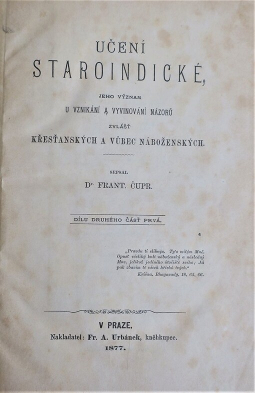 Učení staroindické, jeho význam u vznikání a vyvinování názorů zvlášť křesťanských a vůbec náboženských