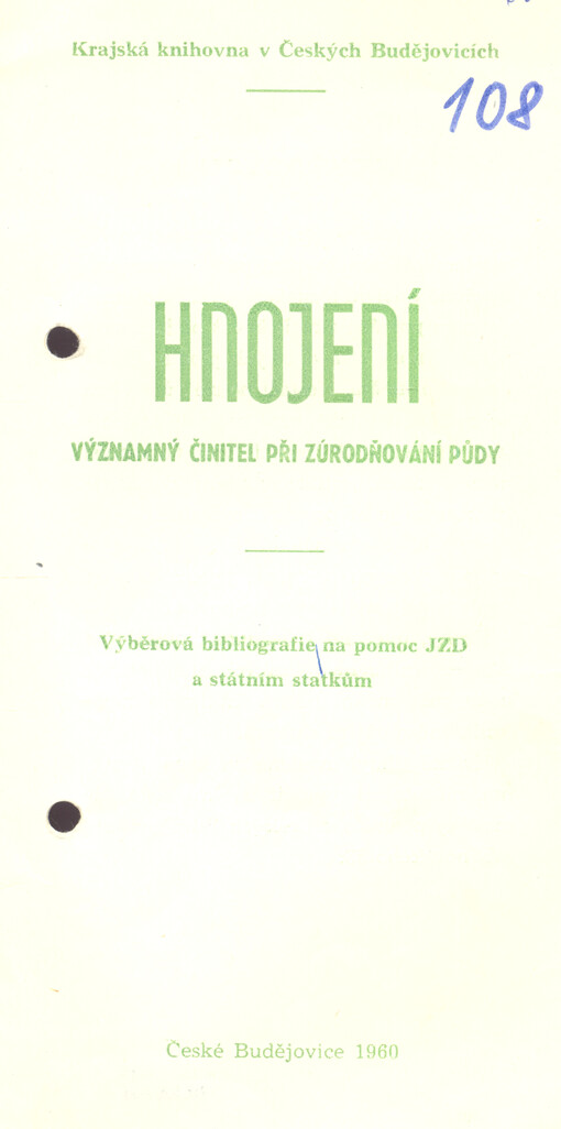 Hnojení - významný činitel při zúrodňování půdy : výběrová bibliografie na pomoc JZD a státním statkům
