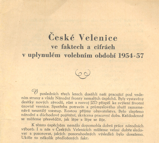 České Velenice ve faktech a cifrách v uplynulém volebním období 1954-57