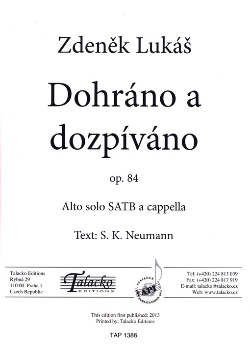 Dohráno a dozpíváno : op. 84 : alto solo SATB a cappella