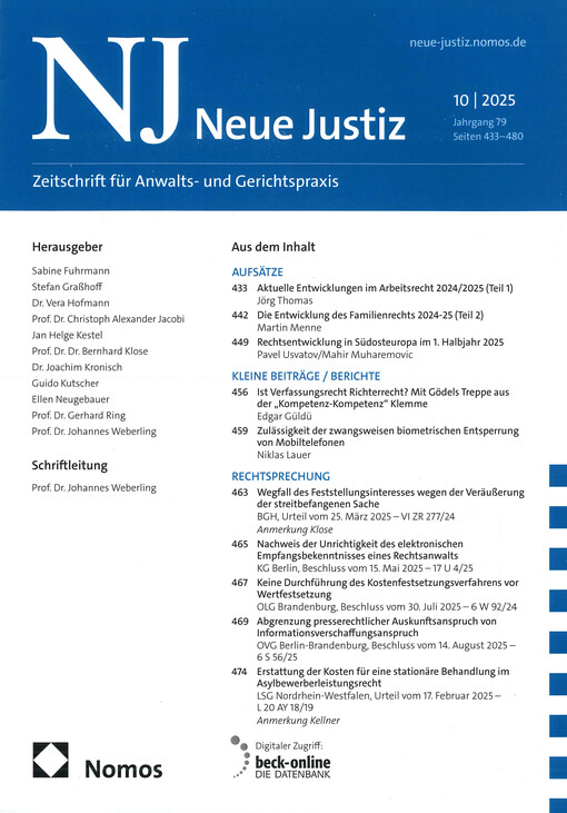 Neue Justiz : Zeitschrift für Anwalts- und Gerichtspraxis