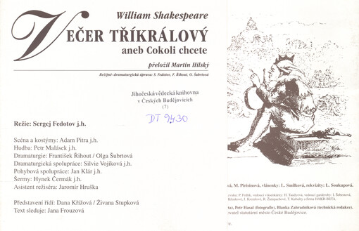 William Shakespeare, Večer tříkrálový, aneb, Cokoli chcete : [premiéra v historické budově Jihočeského divadla 3. května 2002