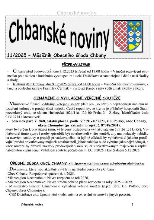Chbanské noviny : měsíčník Obecního úřadu Chbany