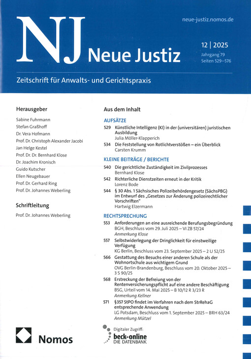 Neue Justiz : Zeitschrift für Recht und Rechtsanwendung