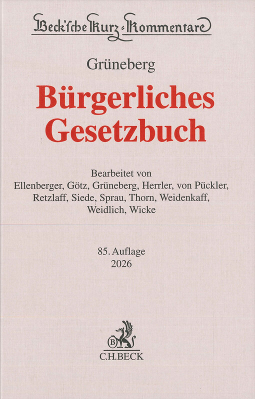 Bürgerliches Gesetzbuch : mit Nebengesetzen insbesondere mit Einführungsgesetz (Auszug) einschließlich Rom I-, Rom II- und Rom III- Verordnungen sowie EU-Güterrechtsverordnungen, Haager Unterhaltsprotokoll und EU-Erbrechtsverordnung, Allgemeines Gleichbehandlungsgesetz (Auszug), Preisklauselgesetz (GrünHome), Wohn- und Betreuungsvertragsgesetz (GrünHome), Unterlassungsklagengesetz (GrünHome), Produkthaftungsgesetz, Erbbaurechtsgesetz, Wohnungseigentumsgesetz, Versorgungsausgleichsgesetz, Lebenspartnerschaftsgesetz (GrünHome), Gewaltschutzgesetz