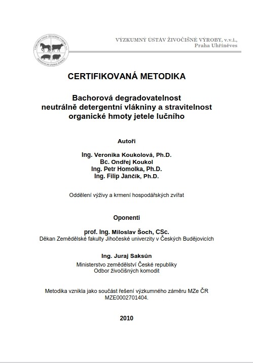 Bachorová degradovatelnost neutrálně detergentní vlákniny a stravitelnost organické hmoty jetele lučního :certifikovaná metodika