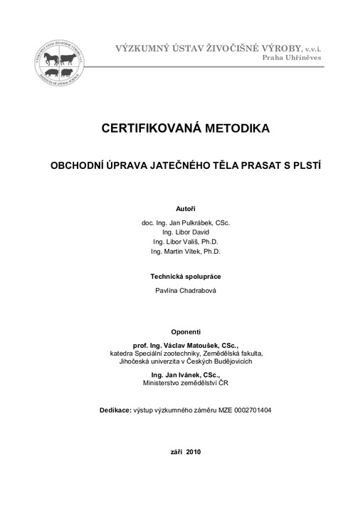 Obchodní úprava jatečného těla prasat s plstí :certifikovaná metodika