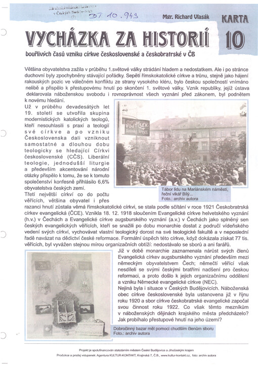 Vycházka za historií bouřlivých časů vzniku církve československé a českobratrské v ČB