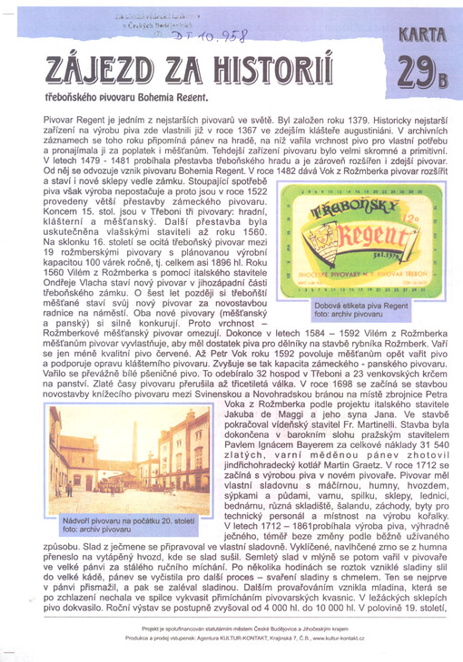 Zájezd za historií třeboňského pivovaru Bohemia Regent