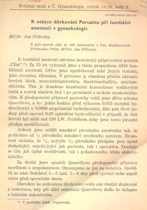 K otázce dávkování Percainu při lumbální anestesii v gynaekologii