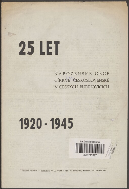 25 let náboženské obce Církve československé v Českých Budějovicích: 1920-1945