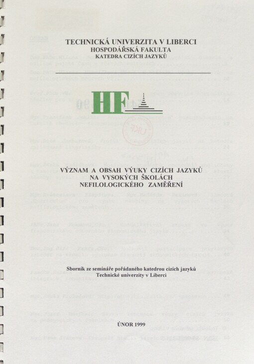 Význam a obsah výuky cizích jazyků na vysokých školách nefilologického zaměření: sborník ze semináře pořádaného katedrou cizích jazyků Technické univerzity v Liberci