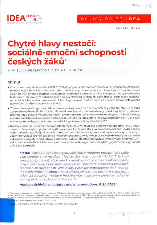 Chytré hlavy nestačí: sociálně-emoční schopnosti českých žáků