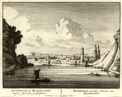 [Admirandorum Quadruplex Spectaculum: delectum, pictum, et aeri in cisum. Pars Prima. Conspectus amornissimi, in Germania ad Rhenum], Antenacum; ab Hamerstenio versus superiora proficiscenti = Andernach; op waars komende van Hamerstein