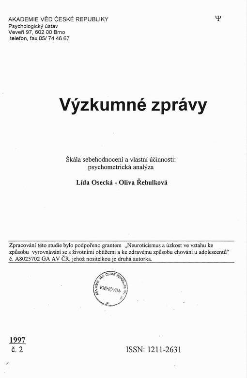 Škála sebehodnocení a vlastní účinnosti: psychometrická analýza
