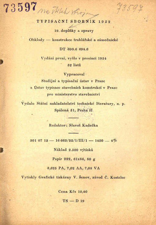 Typisační sborník 1952. 19. doplňky a opravy, Obklady - konstrukce truhlářské a zámečnické