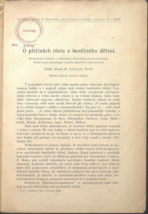 O příčinách růstu a buněčného dělení: souborný referát s několika vlastními pozorováními