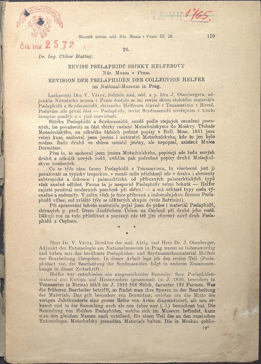 Revise Pselaphidů sbírky Helferovy Nár. Musea v Praze =: Revision der Pselaphiden der Collection Helfer im National-Museum in Prag