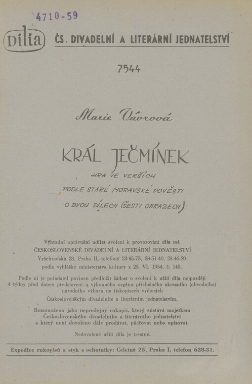 Král Ječmínek: hra ve verších podle staré moravské pověsti o dvou dílech (šesti obrazech)