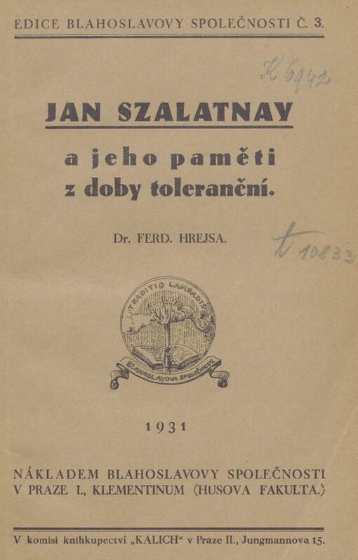 Jan Szalatnay a jeho paměti z doby toleranční