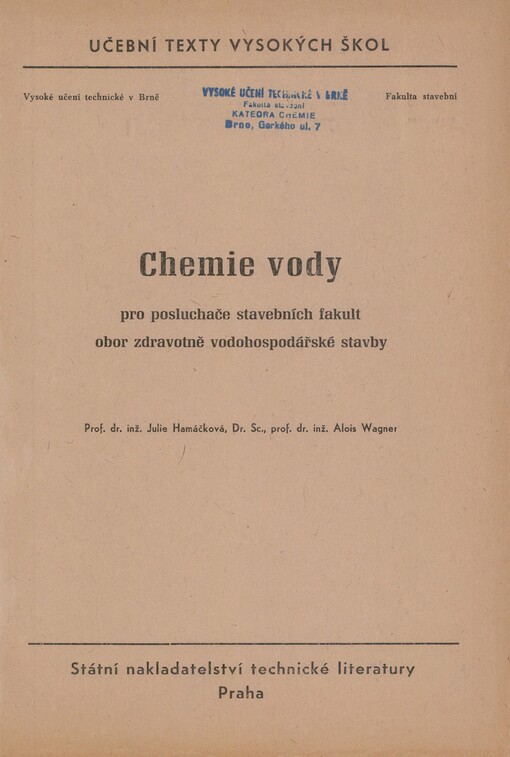 Chemie vody pro posluchače stavebních fakult - obor zdravotně vodohospodářské stavby