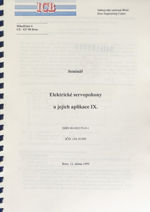 Elektrické servopohony a jejich aplikace IX: seminář, Brno 12. dubna 1999