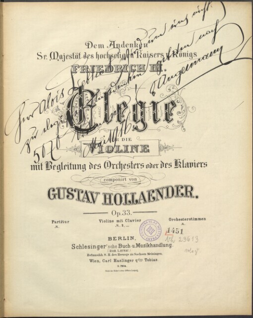 Elegie für die Violine mit Begleitung des Orchesters oder des Klaviers, Op. 33: Violine mit Clavier