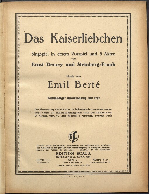 Das Kaiserliebchen: vollständiger Klavierauszug mit Text