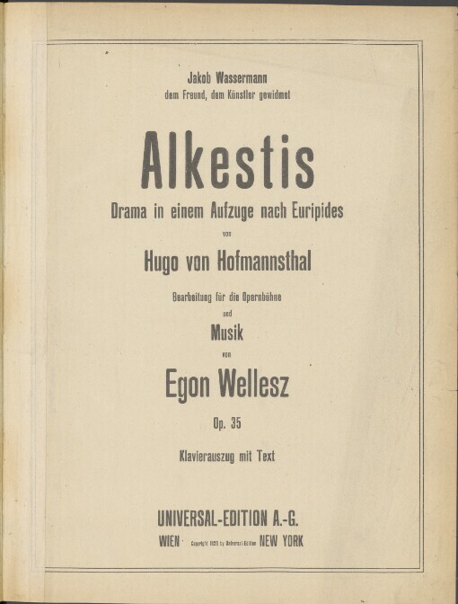 Alkestis: Op. 35 ; Klavierauszug mit Text