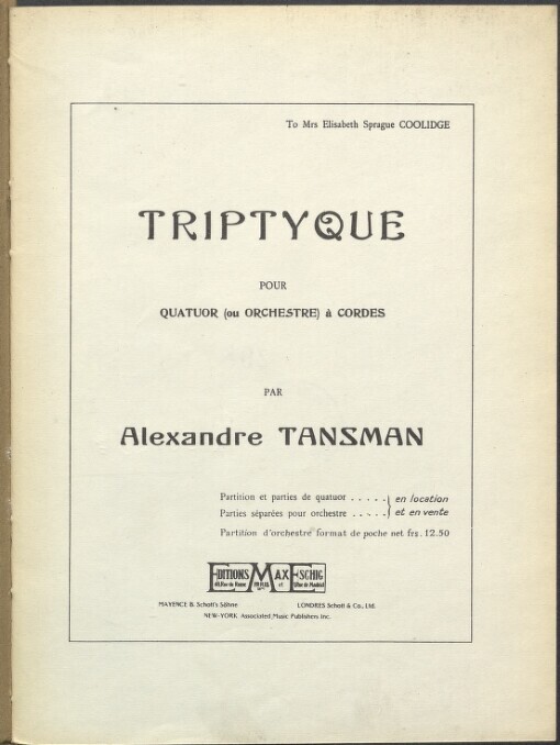 Triptyque: pour quatuor (ou orchestre) a cordes ; partition d'orchestre format de poche