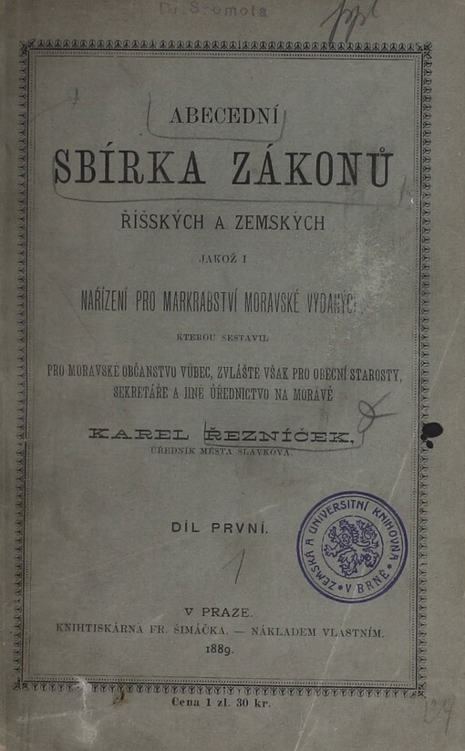Abecední sbírka zákonů říšských a zemských jakož i nařízení pro markrabství moravské vydaných
