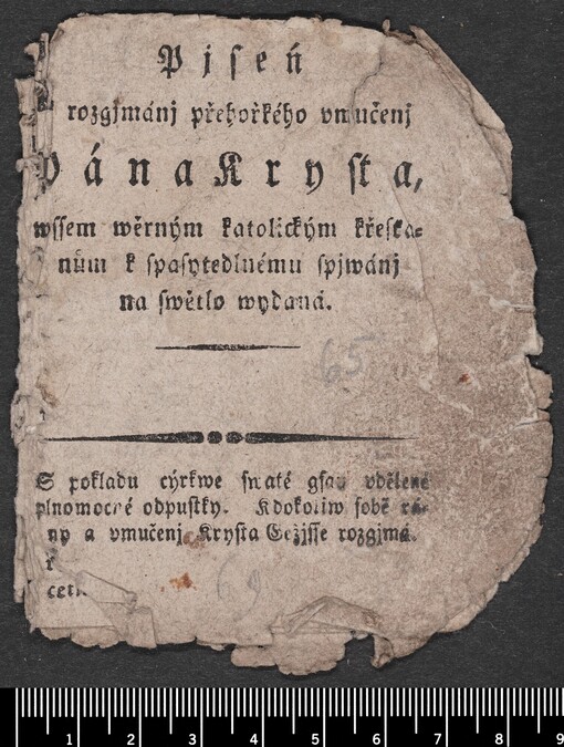 Pjseń k rozgjmánj přehořkého vmučenj Pána Krysta, wssem wěrným katolickým křesťanům k spasytedlnému spjwánj na swětlo wydaná: S pokladu cýrkwe swaté gsau vdělené plnomocné odpustky. Kdokoliw sobě rány a vmučenj Krysta Gežjsse rozgjmá