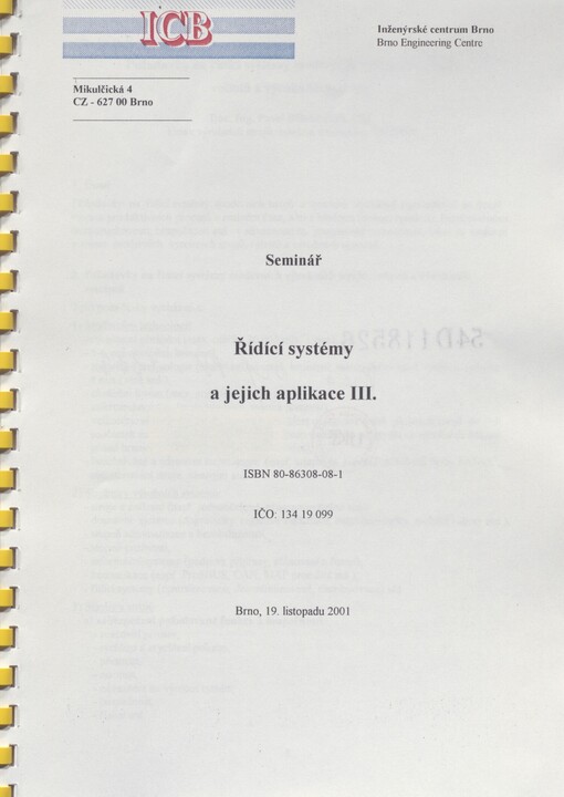 Řídící systémy a jejich aplikace III: seminář : Brno, 19. listopadu 2001