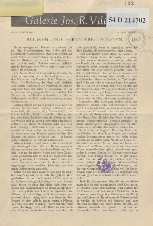 Blumen und deren Abbildungen: 20. Ausstellung, 6.-30. August 1943, Galerie Jos. R. Vilímek = Květiny a jejich obrazy : 20. výstava, 6.-30. srpna 1943, Galerie Jos. R. Vilímek