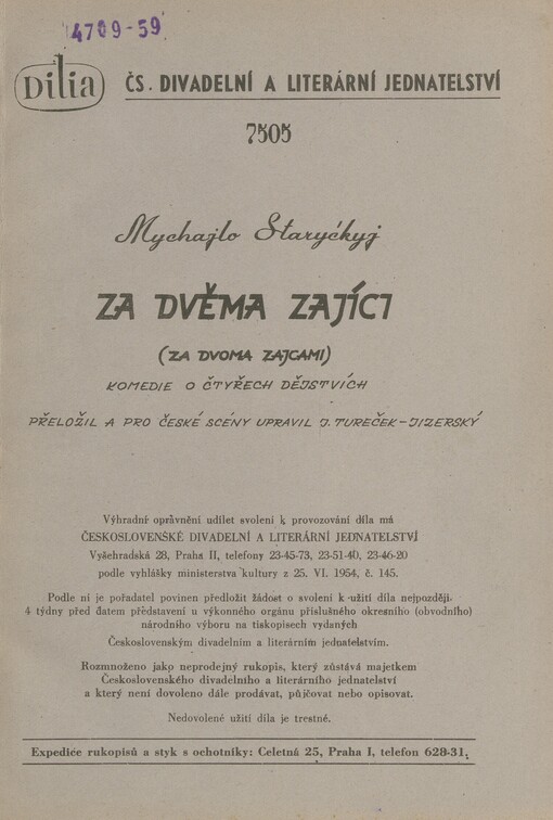 Za dvěma zajíci =: (Za dvoma zajcami) : komedie o čtyřech dějstvích