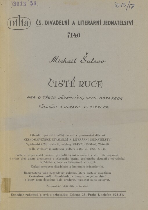 Čisté ruce: hra o třech dějstvích, osmi obrazech