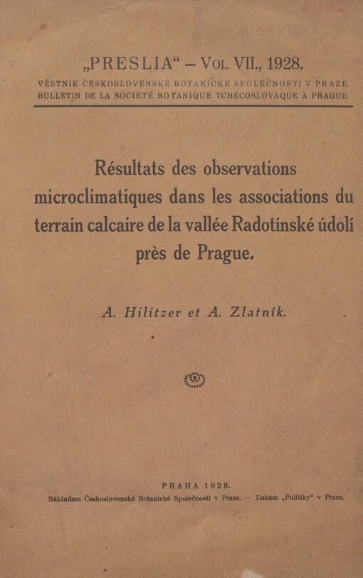 Résultats des observations microclimatiques dans les associations du terrain calcaire de la vallée Radotínské údolí près de Prague