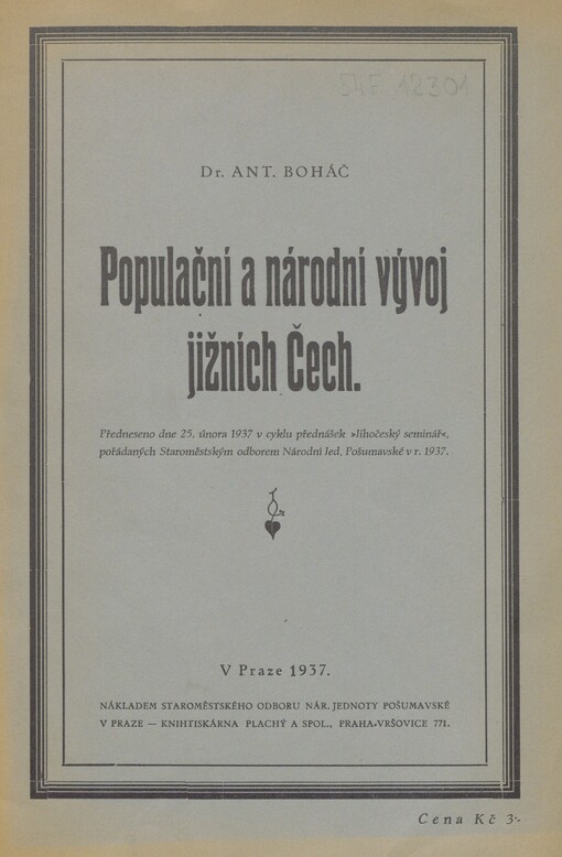Populační a národní vývoj jižních Čech: předneseno dne 25. února 1937 v cyklu přednášek 