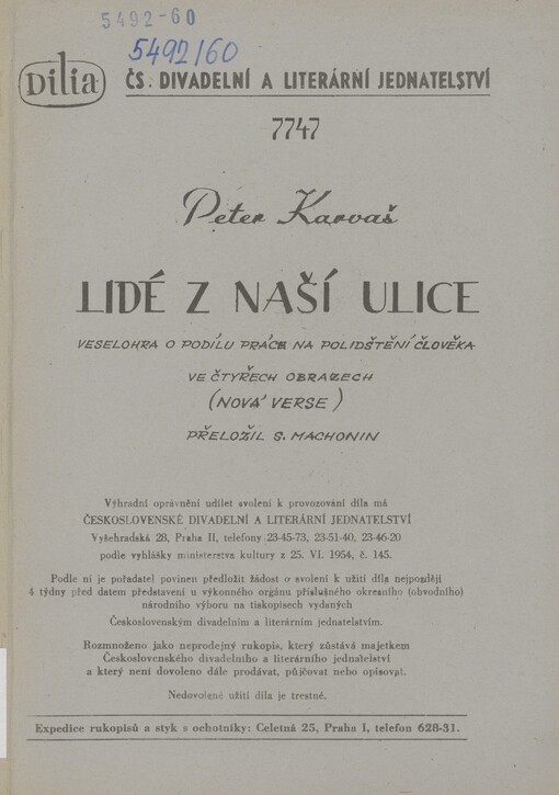 Lidé z naší ulice: veselohra o podílu práce na polidštění člověka ve čtyřech obrazech : (nová verze)