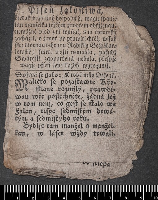 Pjseň žalostiwá, kterak bezbožný hospodský, magic spanilau manželku těžkým žiwotem obtjženau, newážně plod z ni wyňal, s ni tyranský zacházel, o žiwot připrawiti chtěl, wssak skrz mocnau ochranu Rodičky Božj Karlowské, smrti s gjti nemohla, pokudž Swátosti zaopatřená nebyla, přespjwagjc pjseň lepe každý wyrozumj: Spjwá se gako: K tobě můg Otče rč