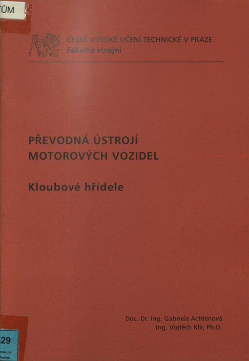 Převodná ústrojí motorových vozidel. Kloubové hřídele