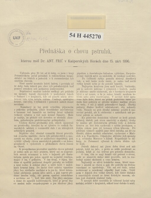 Přednáška o chovu pstruhů, kterou měl Dr. Ant. Frič v Kašperských Horách dne 15. září 1896
