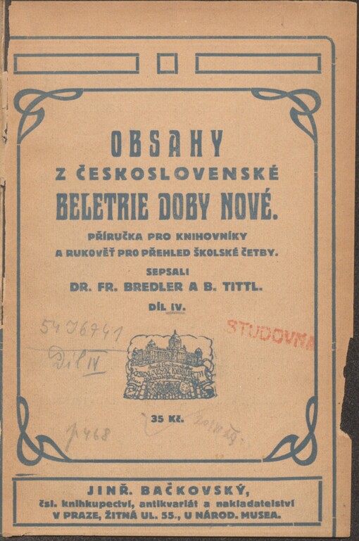 Obsahy z československé beletrie doby nové: příručka pro knihovníky veřejných knihoven a rukověť pro přehled školské četby