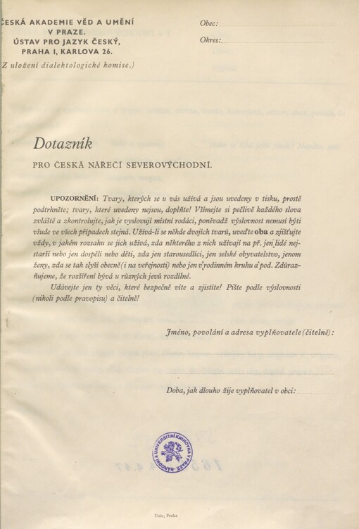 Dotazník pro česká nářečí severovýchodní