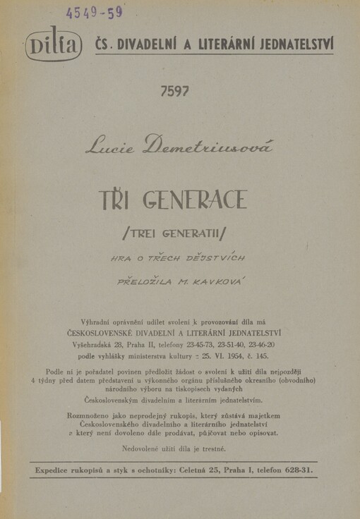 Tři generace =: (Trei generatii) : hra o třech dějstvích