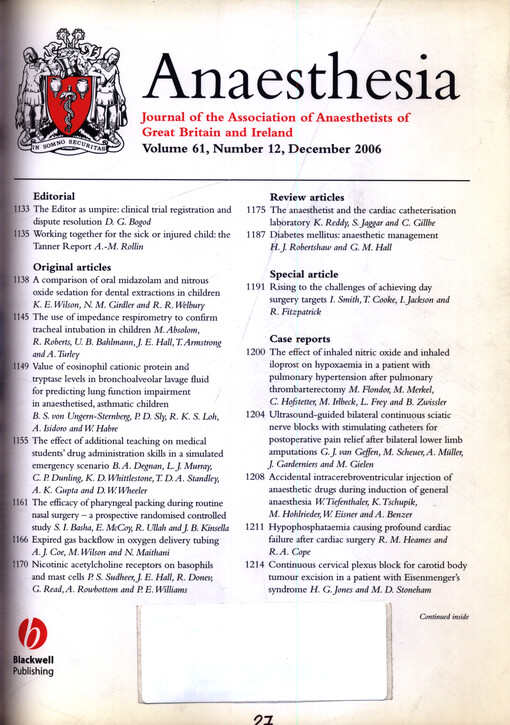 Anaesthesia : journal of the Association of Anaesthetists of Great Britain and Ireland