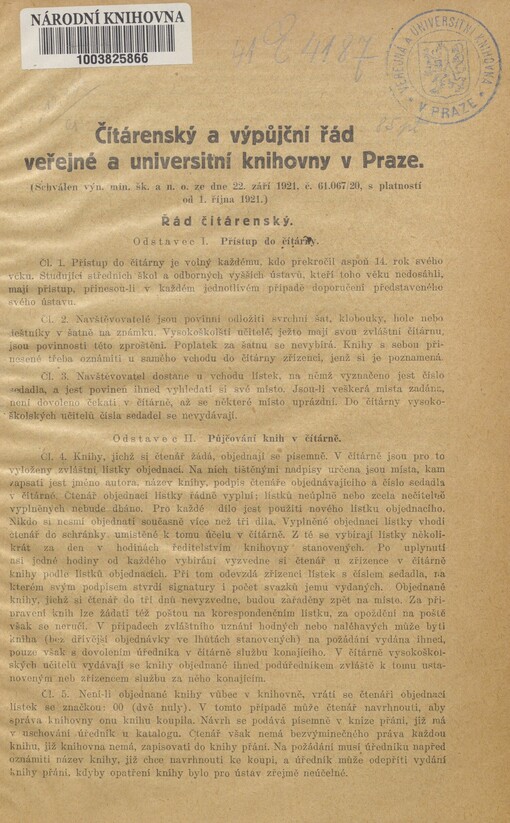 Čítárenský a výpůjční řád veřejné a universitní knihovny v Praze