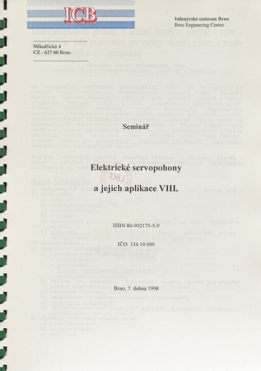 Elektrické servopohony a jejich aplikace VIII: seminář, Brno 7. dubna 1998
